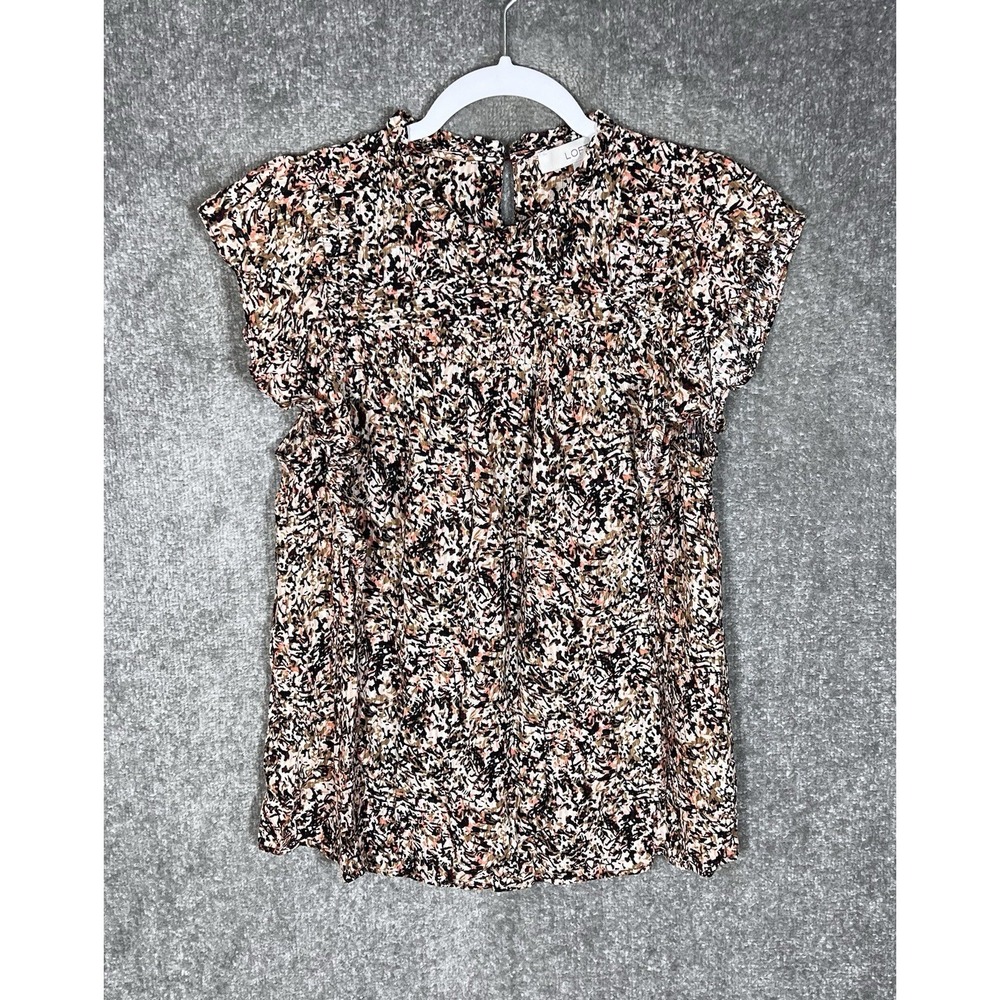 LOFT Top Womens Size Large Camouflage Keyhole Pleated Ruffle Cap Sleeve